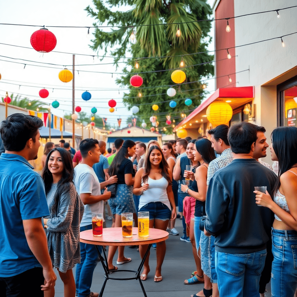 A lively outdoor event in Sunnyside, California, with young adults mingling among colorful decorations and string lights, enjoying drinks and commu...