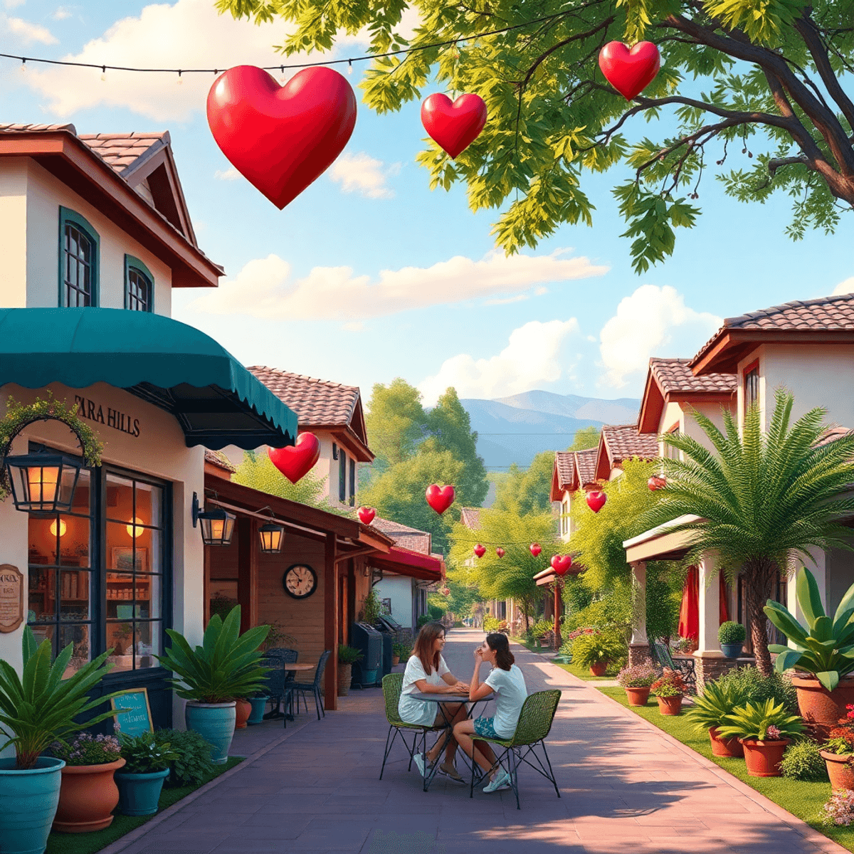 A cozy suburban neighborhood in Tara Hills, California, with coffee shops, lush greenery, and couples enjoying outdoor activities, symbolizing conn...