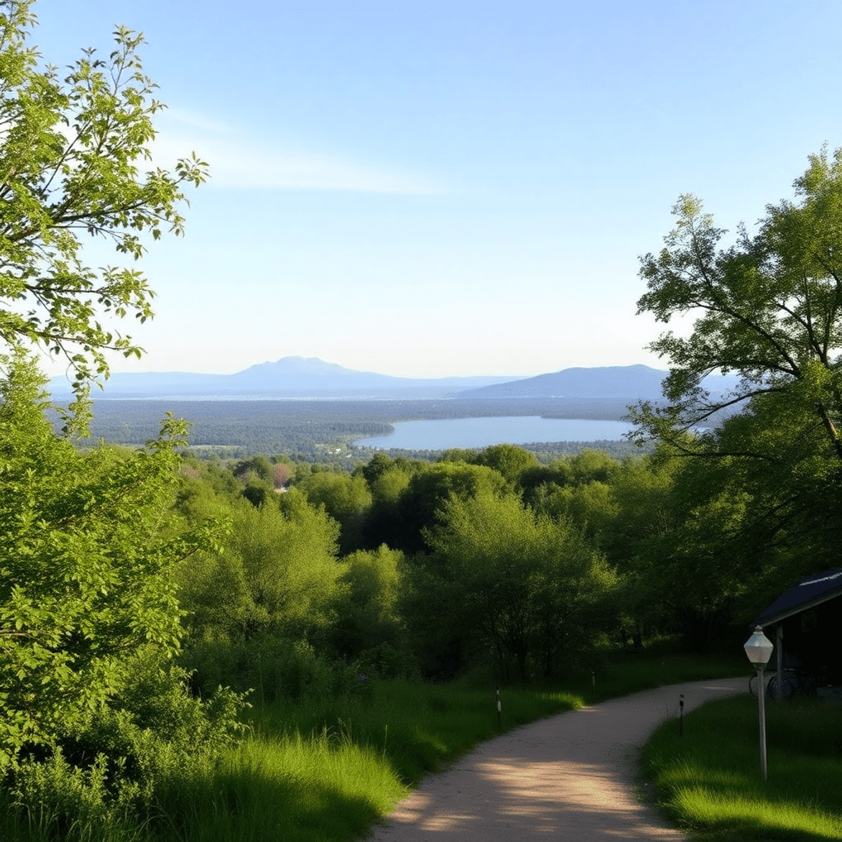 A scenic view of Mather Regional Park featuring lush greenery, hiking trails, and Mather Lake, with a picnic setup and cycling paths inviting outdo...