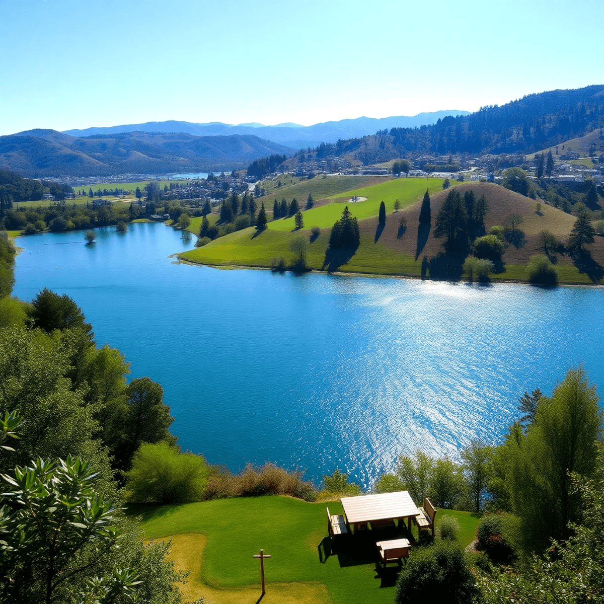 A tranquil landscape of Lake Wildwood, California, showcasing a sparkling lake, lush greenery, rolling hills, and hints of community with picnic ta...
