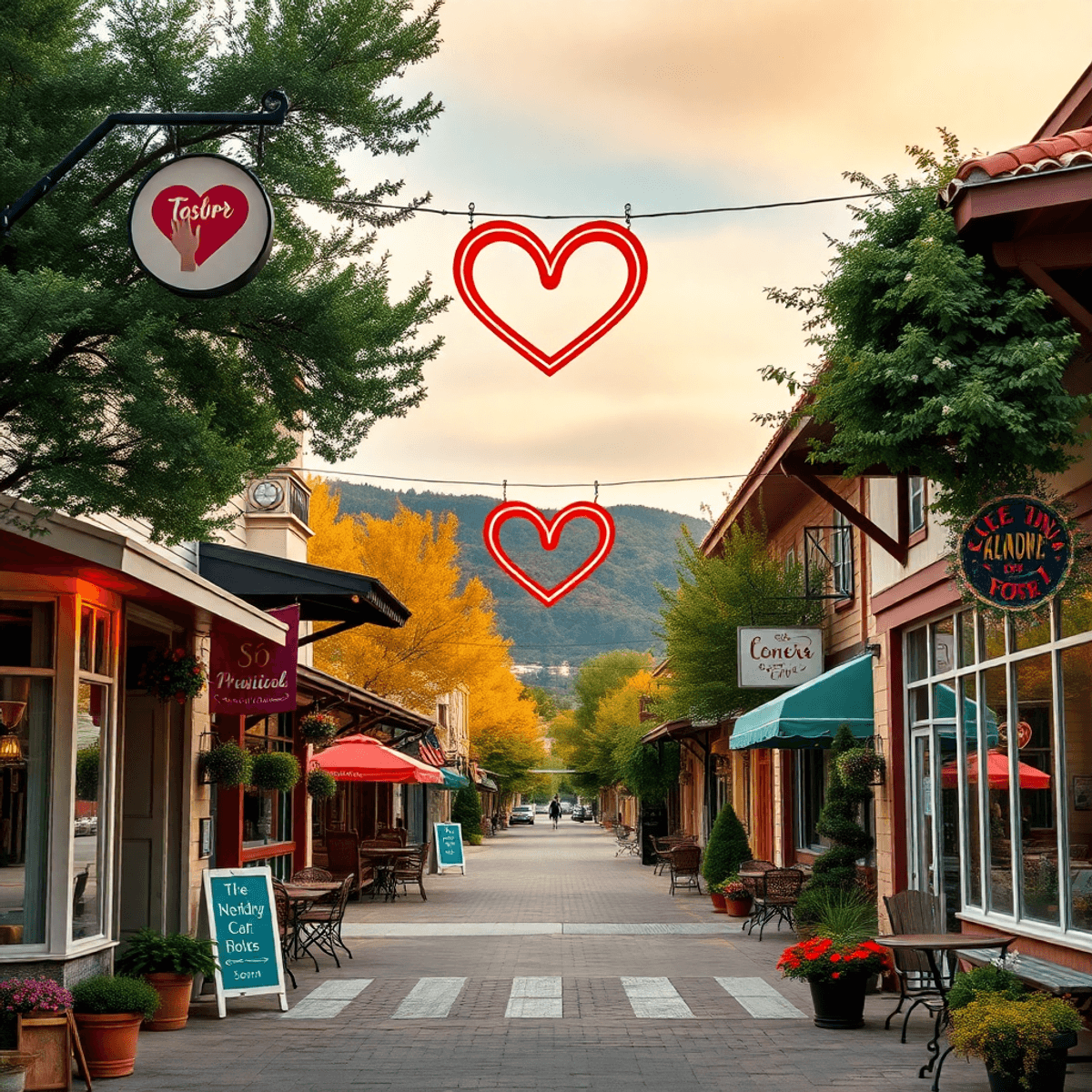 A charming small-town street in Sonora, California, lined with cozy cafes and shops, featuring a heart-shaped sign and intertwined hands, evoking r...