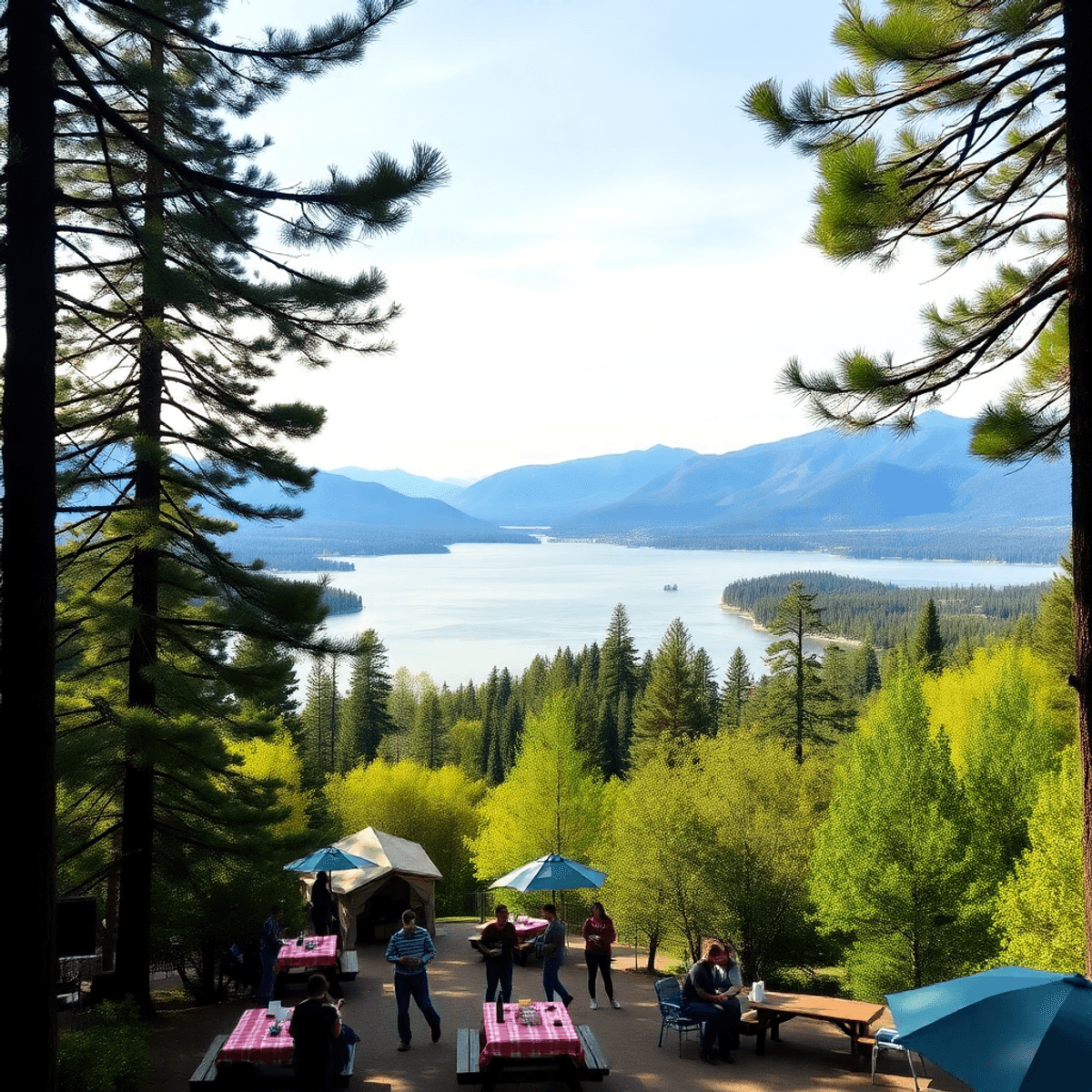 A serene view of Lake of the Pines in California, surrounded by lush greenery and mountains, with picnic setups and outdoor gatherings in the foreg...