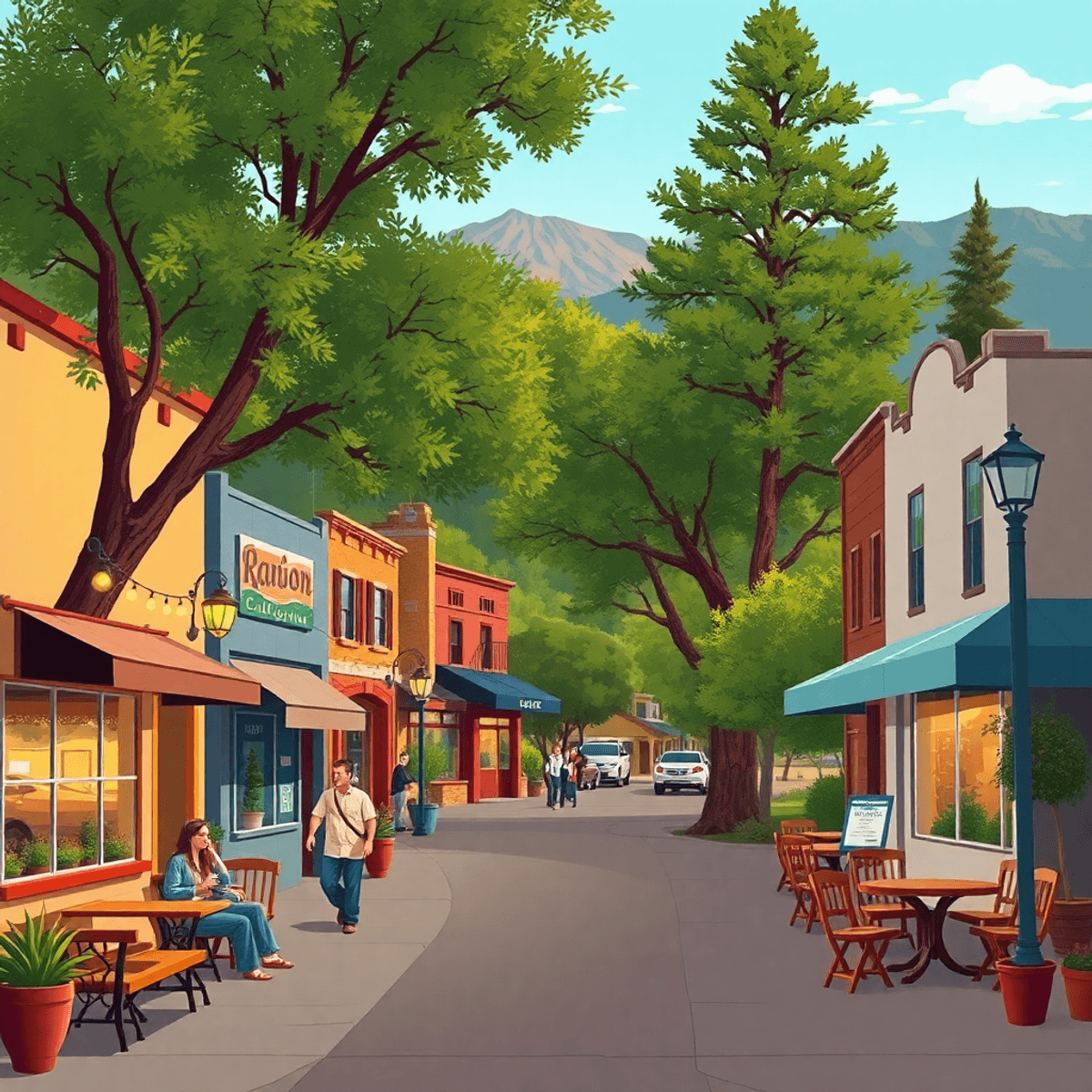 A charming small-town scene in Jackson, California, showcasing a cozy café and park surrounded by trees and mountains, evoking community and romanc...