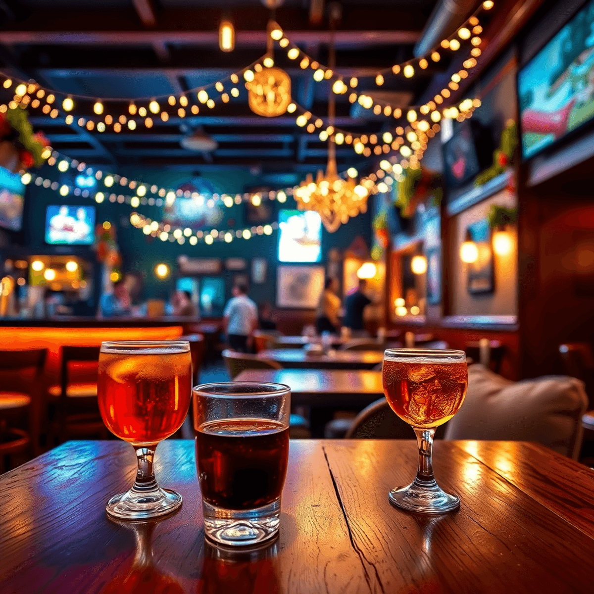 A cozy pub scene in Loomis, California, featuring drinks on a wooden table, decorative string lights, and a warm atmosphere, evoking connection and...