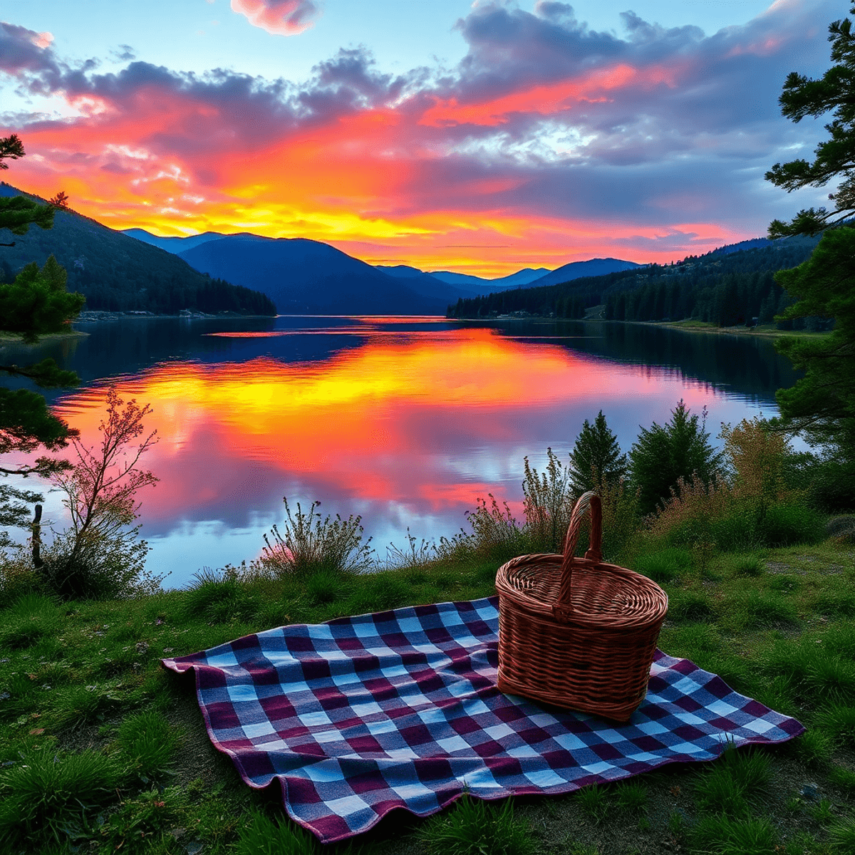 A serene Lake Mathews at sunset, with vibrant reflections in the water, lush greenery, and a cozy picnic setup on a blanket, inviting a tranquil ou...