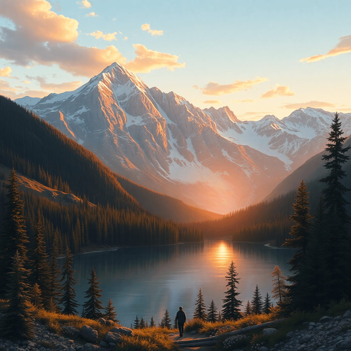 A breathtaking mountain landscape with snow-capped peaks, lush forests, and a tranquil lake at sunset, showcasing warm colors and vibrant wildflowers.
