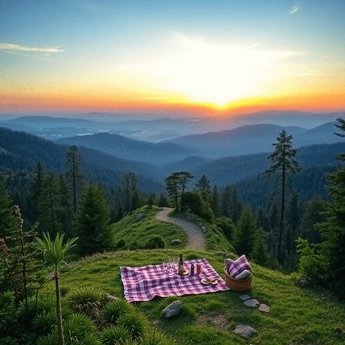 A scenic view of the Santa Cruz Mountains with lush greenery, towering redwoods, and a winding hiking trail, featuring a romantic picnic setup at s...