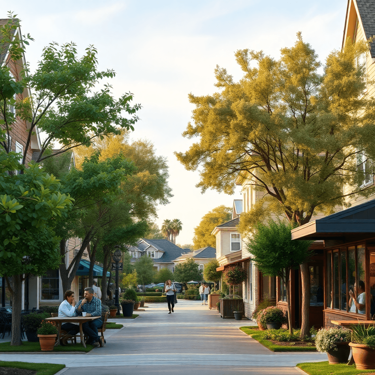 A cozy neighborhood scene in South Monrovia Island, California, with tree-lined streets, cafes, a couple enjoying coffee, and hints of community ev...