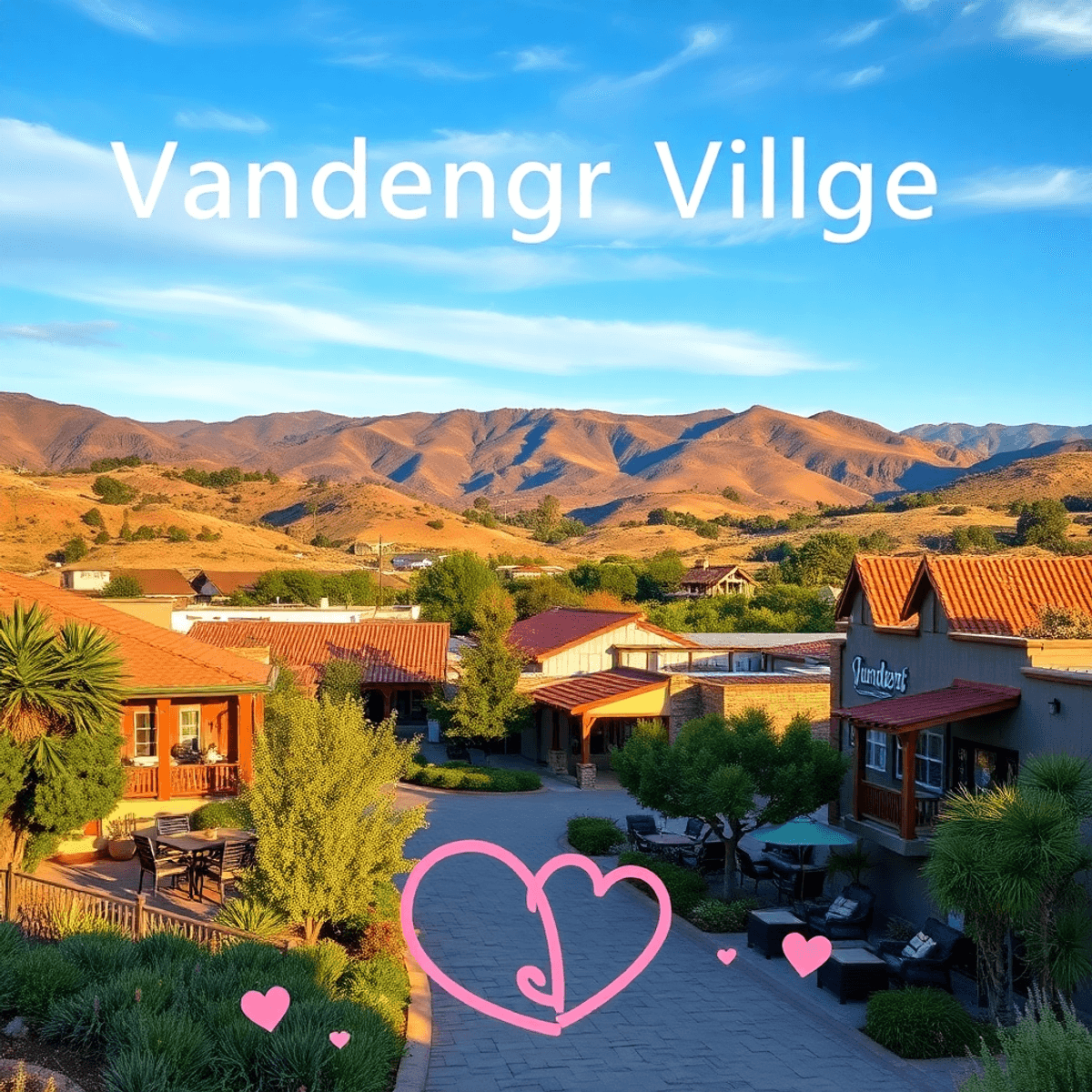 A picturesque view of Vandenberg Village, California, featuring charming landscapes, hiking trails, and cozy cafes, with subtle heart shapes symbol...
