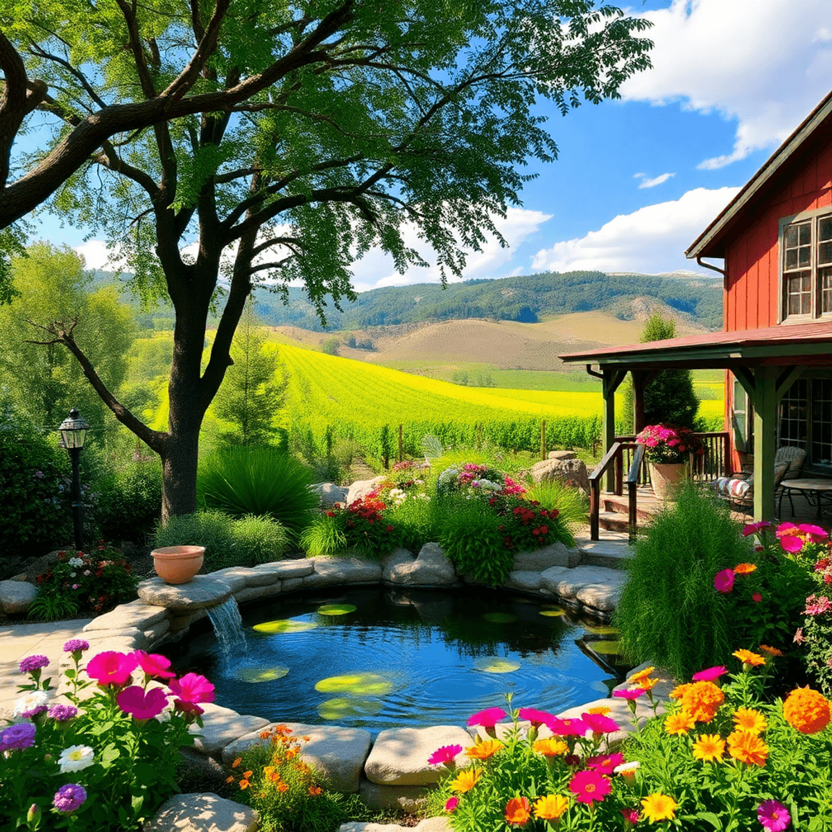 A tranquil landscape of Boyes Hot Springs featuring natural hot springs, lush greenery, vibrant flowers, and rolling vineyards in the background, e...