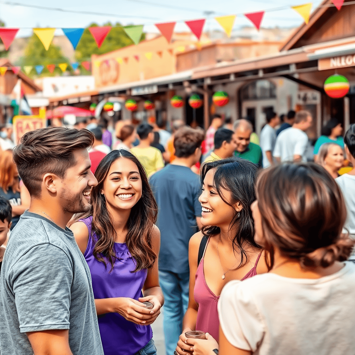 A lively outdoor community event in a small town, with young adults smiling and engaging in conversation amidst colorful decorations and food stalls.