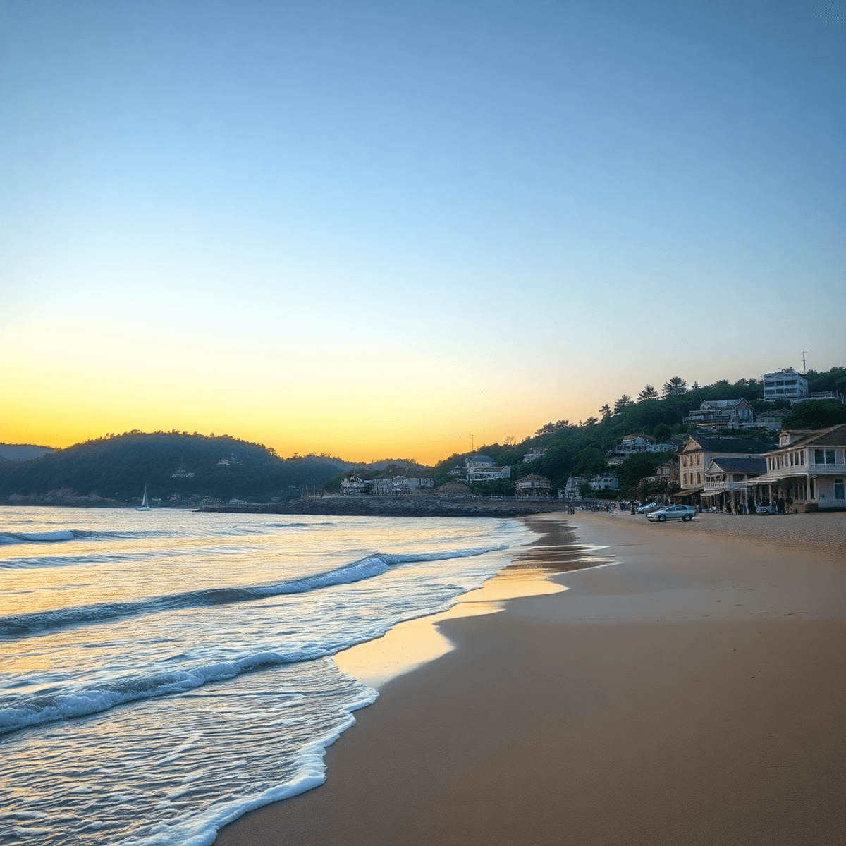 A serene beach at sunset with gentle waves, scenic hiking trails, and lush greenery in the background, evoking romance and outdoor adventure.