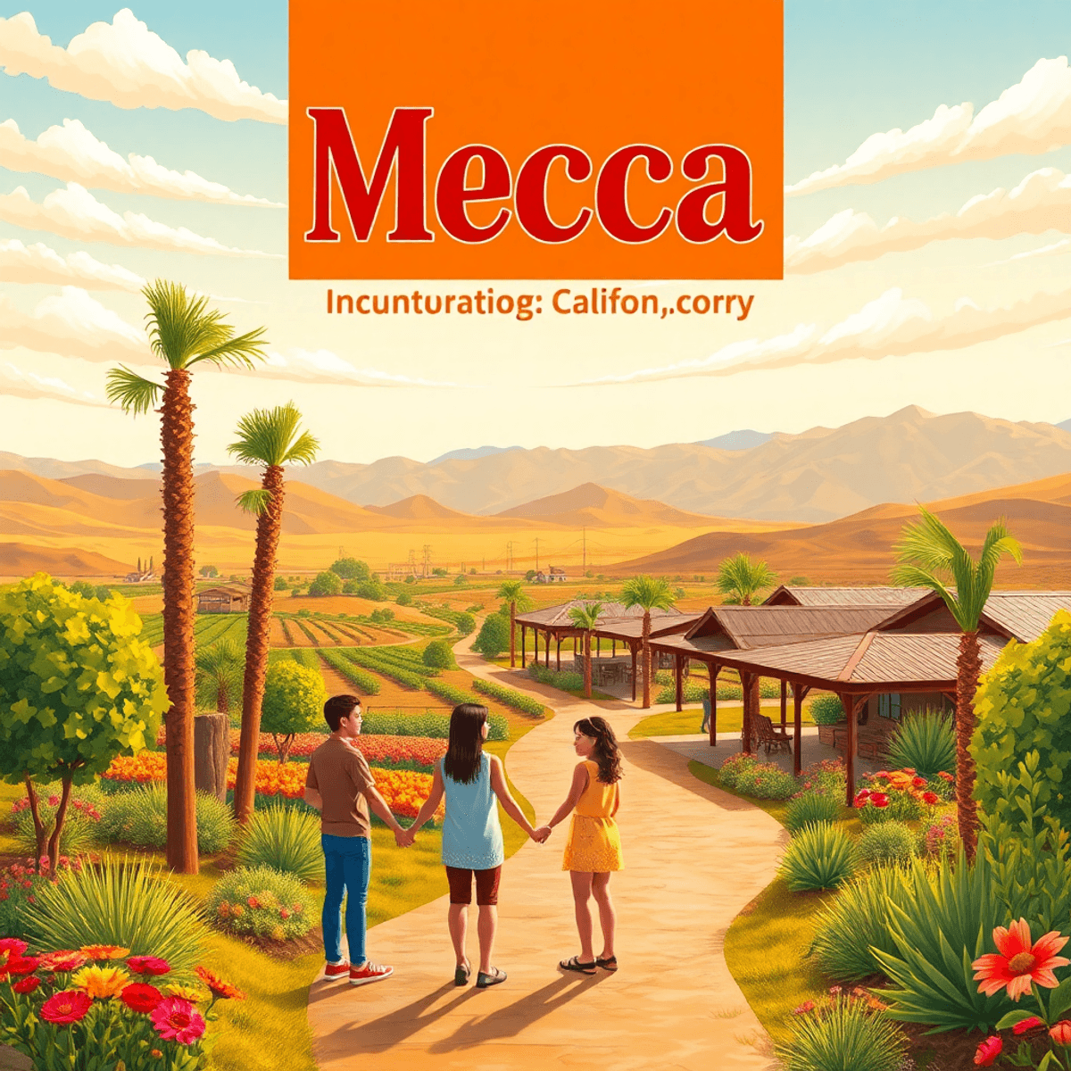 A scenic outdoor landscape in Mecca, California, showcasing beautiful agriculture, warm colors, and symbols of community engagement like fitness cl...