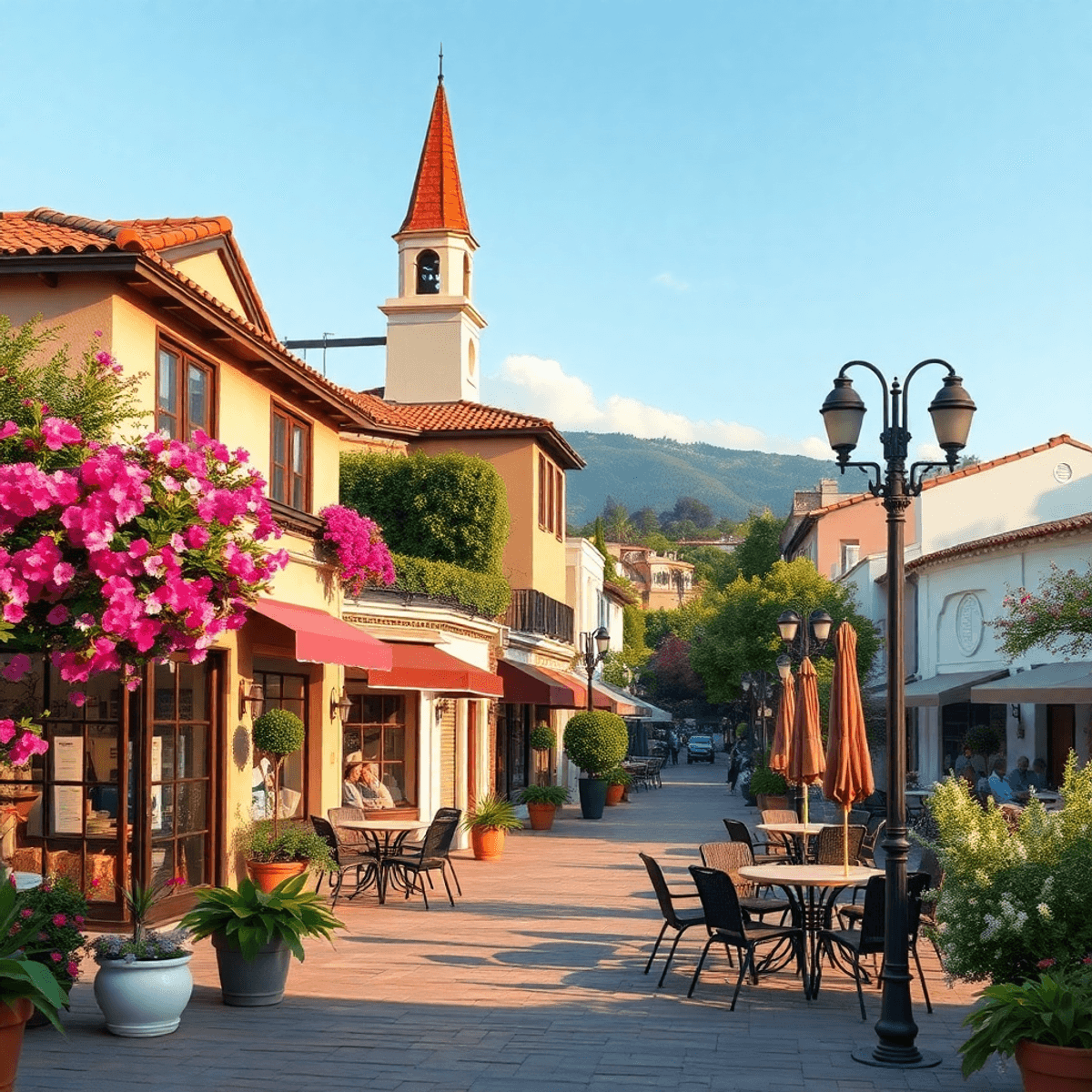 A vibrant street scene in Corte Madera featuring blooming flowers, outdoor seating at local cafes, and parks, creating a charming and intimate atmo...