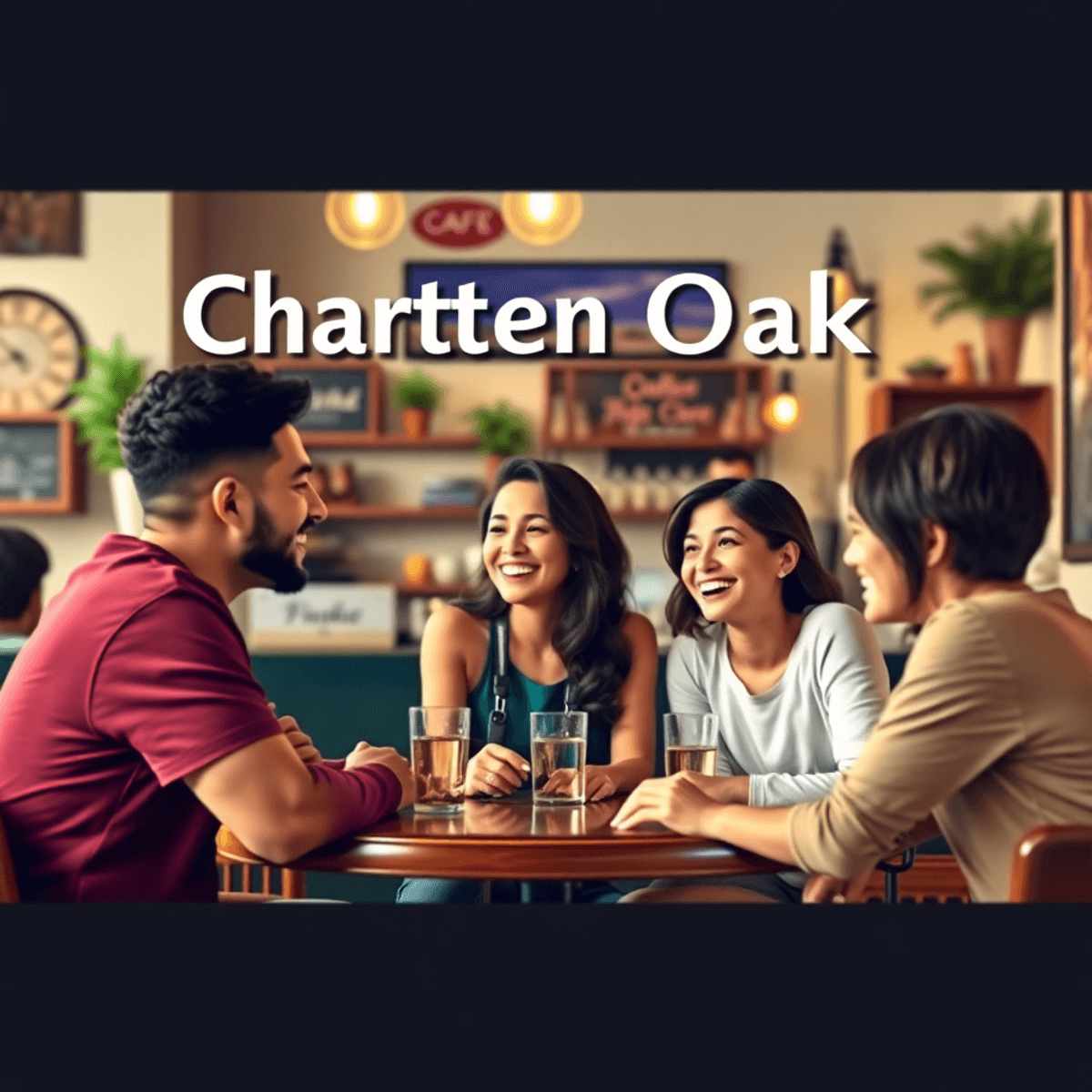 A cozy café scene in Charter Oak, California, with a small group of singles engaged in lively conversation and laughter against a backdrop of charm...