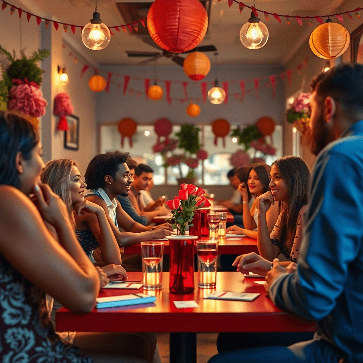 A lively speed dating event in East Whittier, California, with singles chatting at intimate tables decorated with match cards and soft lighting for...