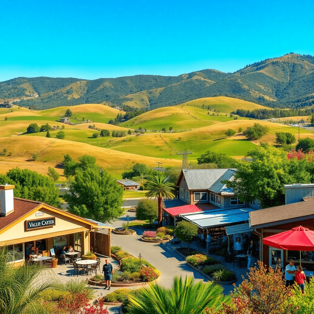 A scenic view of Valley Center, California, showcasing rolling hills, a cozy café with outdoor seating, a lively farmers' market, and hiking trails...