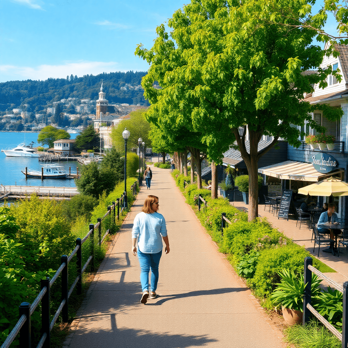 A scenic view of Tiburon, California, featuring San Francisco Bay, a couple walking hand-in-hand on a lush trail, with upscale dining in the backgr...
