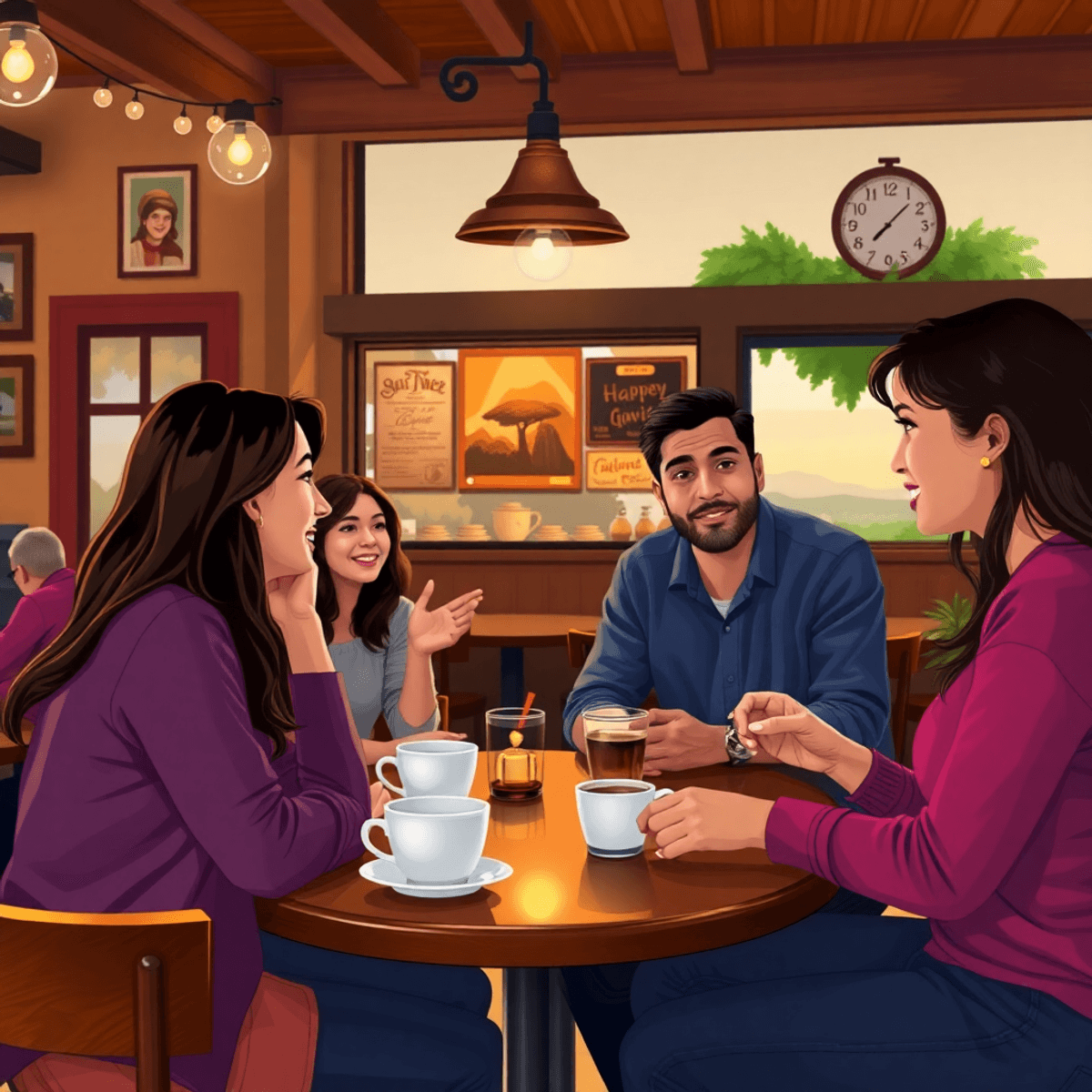 A cozy local café scene with a small group of singles engaging in conversation over coffee, surrounded by greenery and distant hills, reflecting a ...