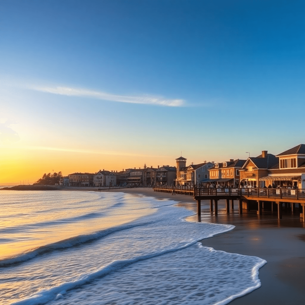 A stunning sunset over Capitola's coastline, with colorful beachside buildings, a tranquil wharf, gentle waves, and warm golden light creating a ro...