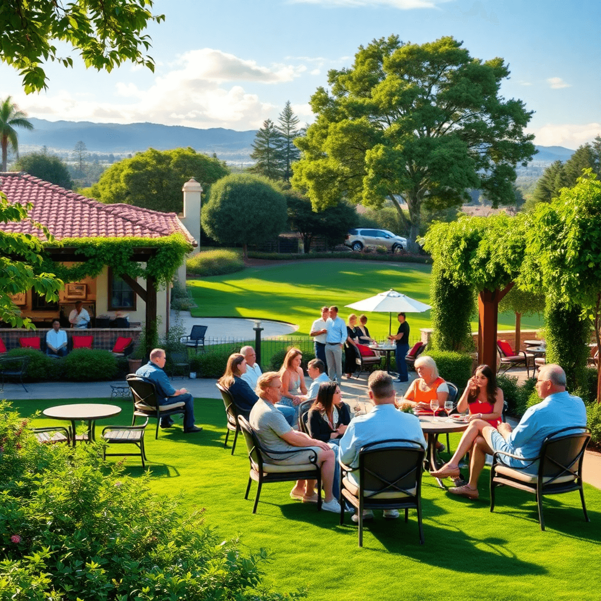 A picturesque country club scene in California, showcasing lush greenery, elegant seating, wine glasses, and golf clubs, with people enjoying a war...