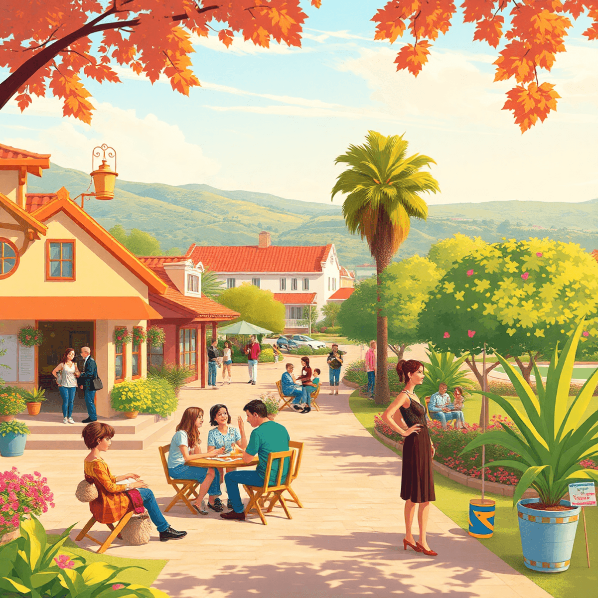 A lively outdoor scene in Orange Cove, California, showcasing a local park with people enjoying picnics and social gatherings, radiating warmth and...