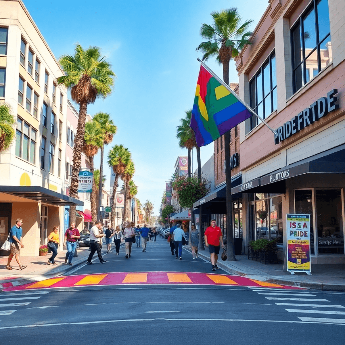 A lively street scene in Hillcrest, San Diego, showcasing colorful rainbow crosswalks and a large Pride Flag, with local cafes and a welcoming comm...