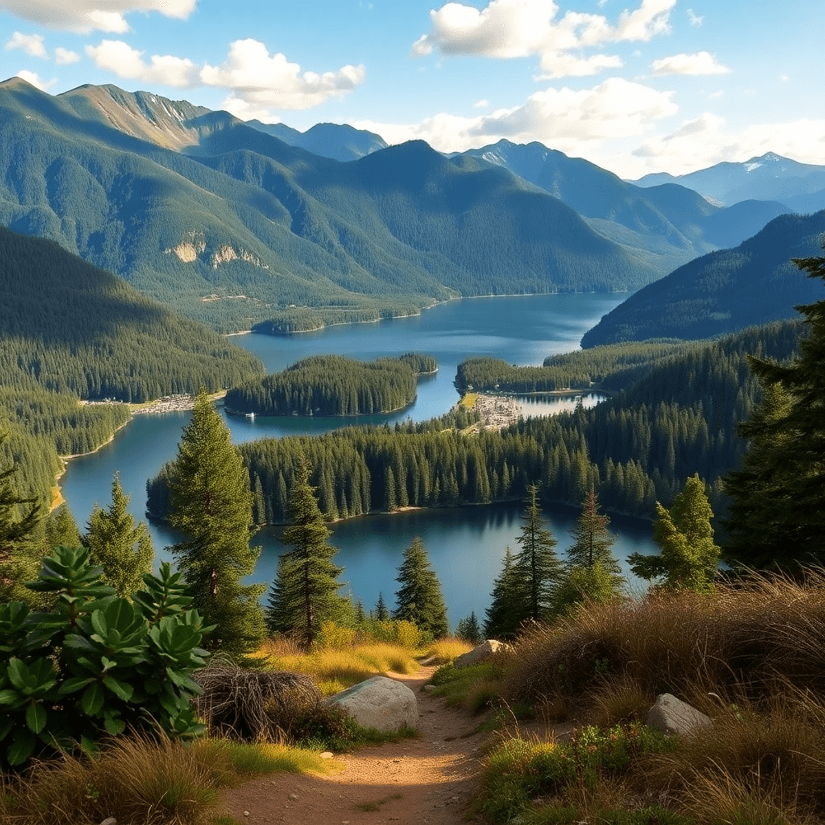 Scenic view of Shasta Lake with lush greenery and mountains, featuring a serene hiking trail in the foreground, evoking adventure and romance.