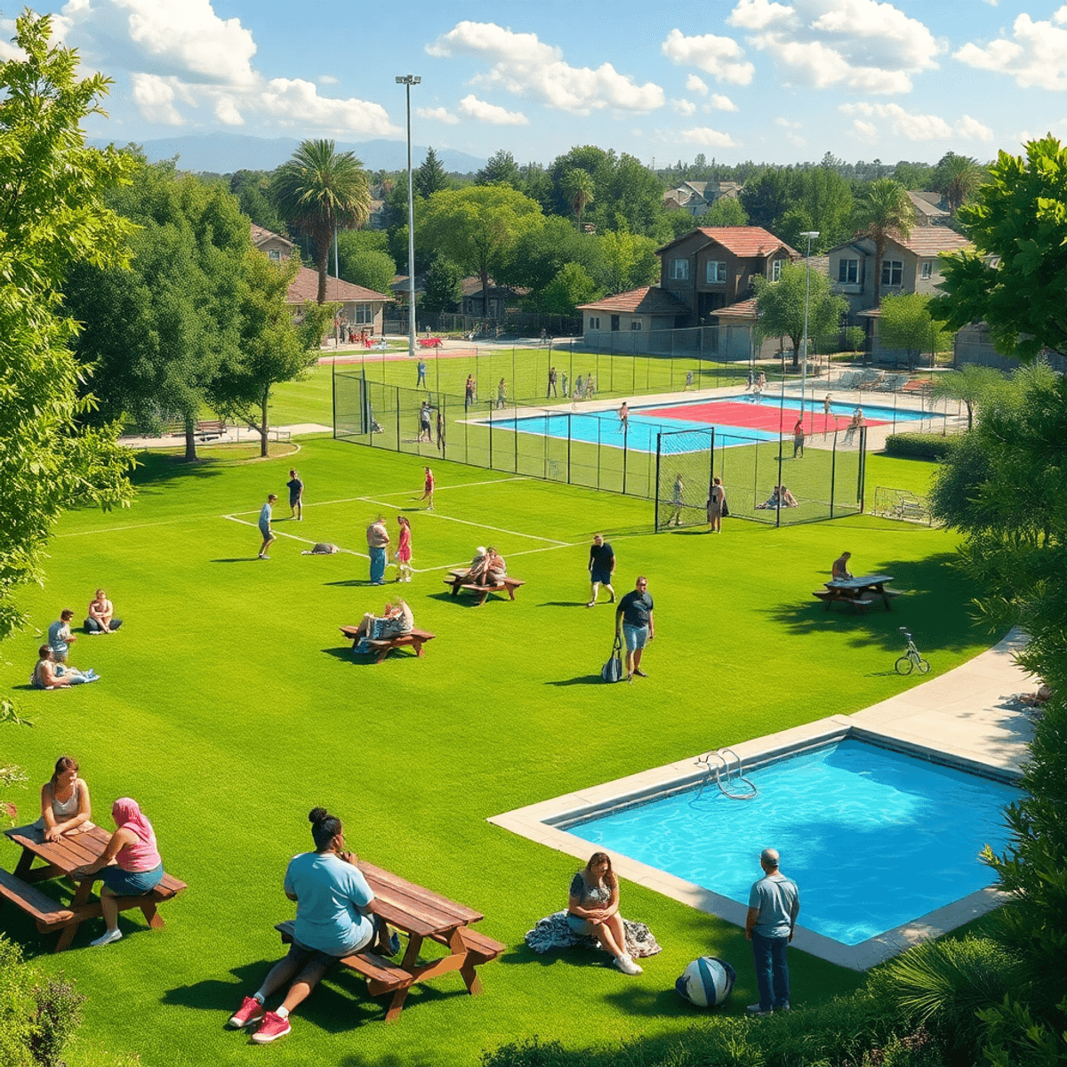 A sunny park in Mayfair, California, filled with lush greenery, picnic areas, athletic fields, walking trails, and a swimming pool, with people enj...
