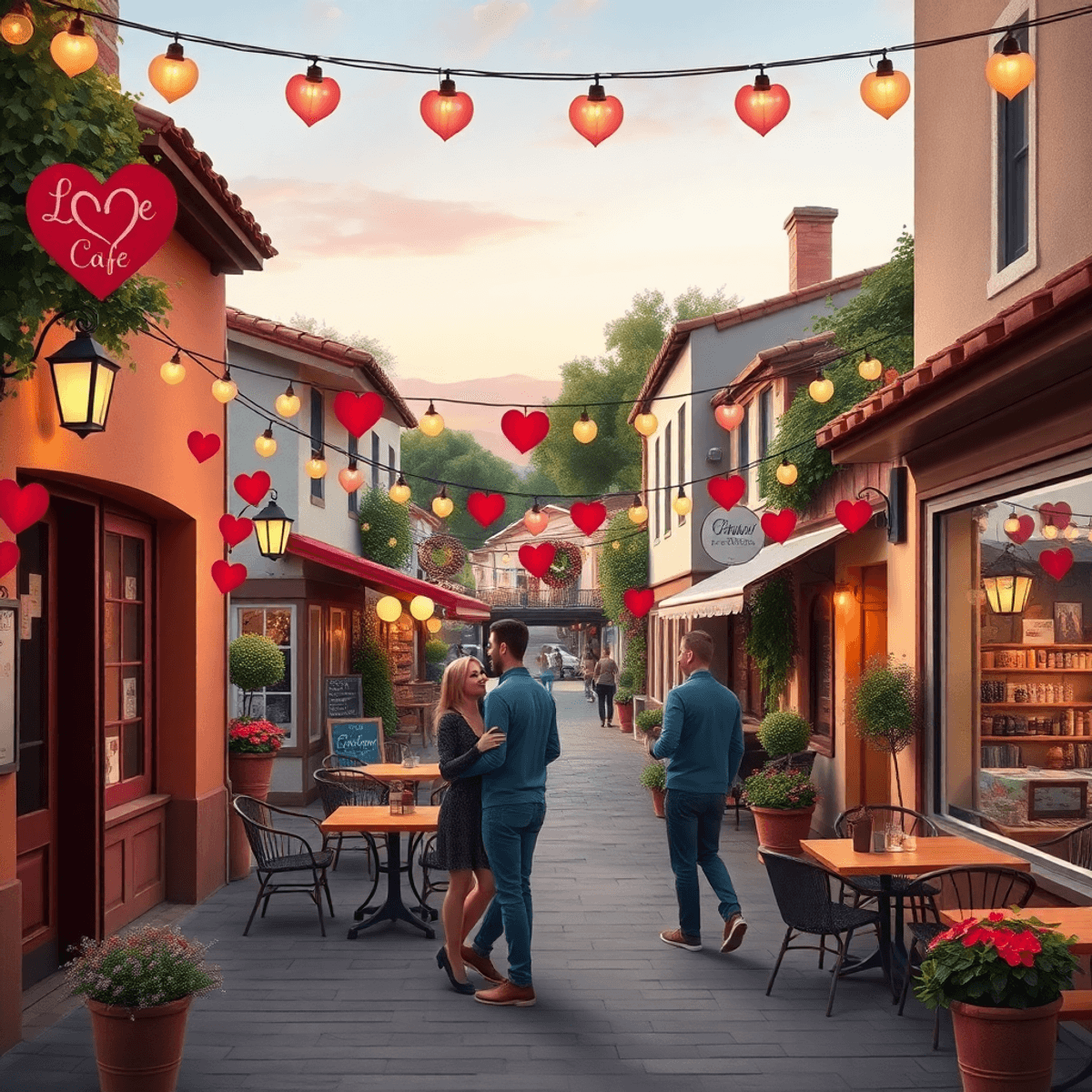 A charming small-town street in Palermo, California, lined with cozy cafes and vibrant shops, adorned with heart-shaped decorations and couples enj...