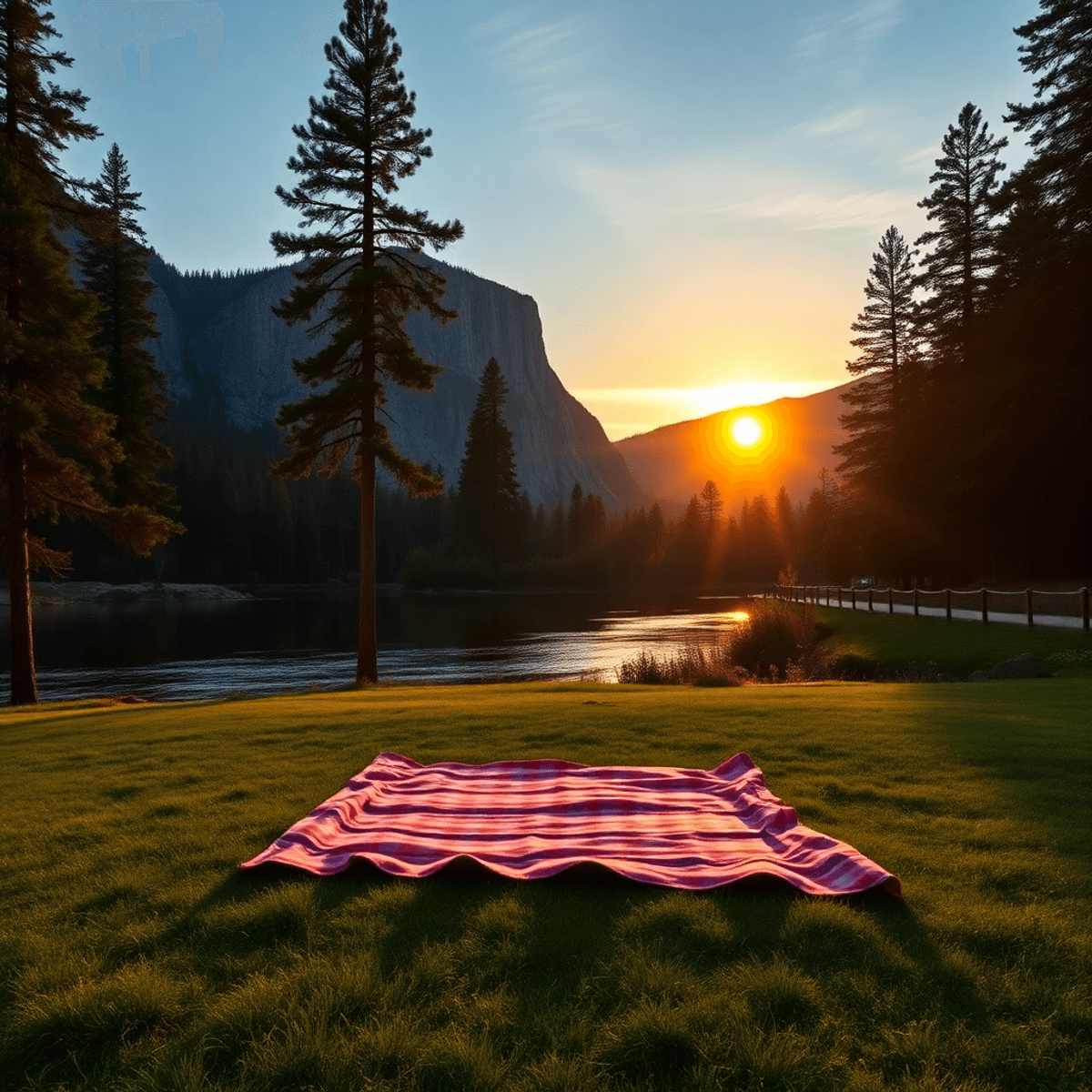 A romantic sunset over Yosemite Lakes with tall pine trees and a serene river, featuring a picnic blanket on the grass, evoking outdoor intimacy.