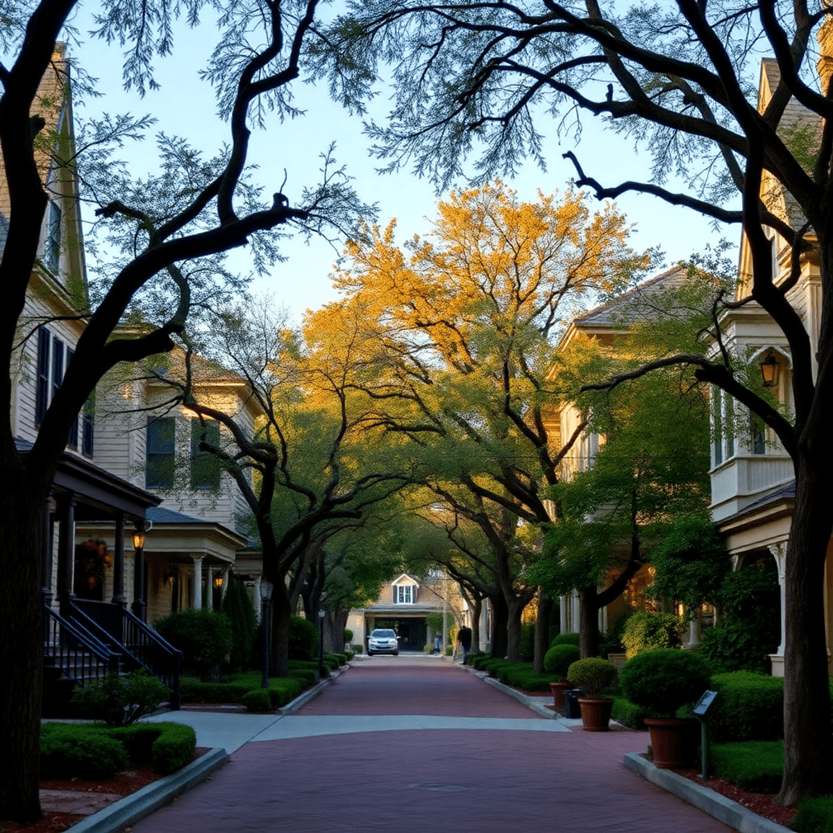 A charming tree-lined street in Old Fig Garden, Fresno, featuring historic homes and century-old trees, adorned with subtle seasonal decorations fo...