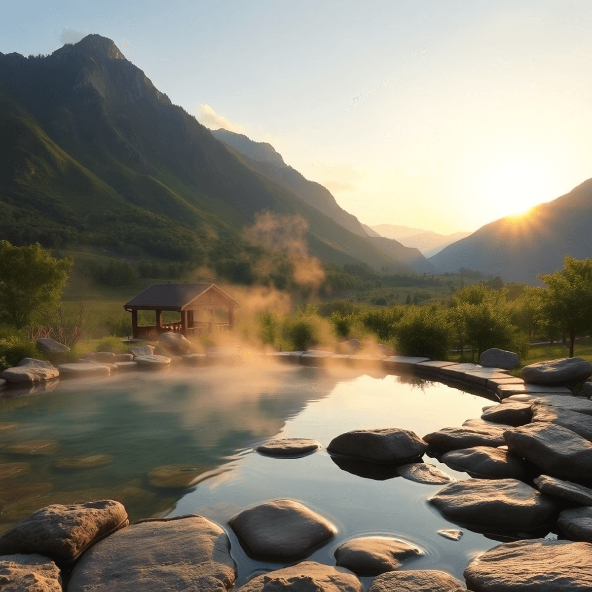 A tranquil hot spring surrounded by lush greenery and mountains, with smooth stones, rising steam, and a cozy winery in the background under a soft...