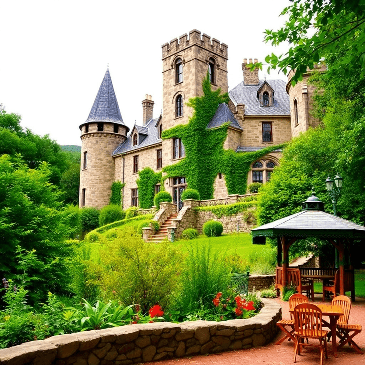 A picturesque view of Preston Castle surrounded by lush greenery, showcasing its historic architecture and inviting atmosphere for exploration and ...