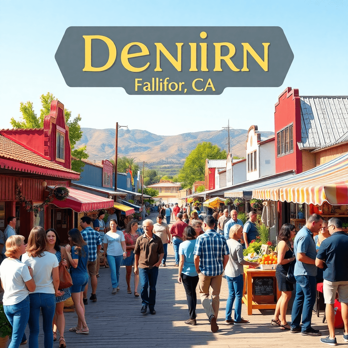 A lively small-town event in Denair, California, with people enjoying a farmers' market, colorful stalls, and a warm atmosphere of connection and f...