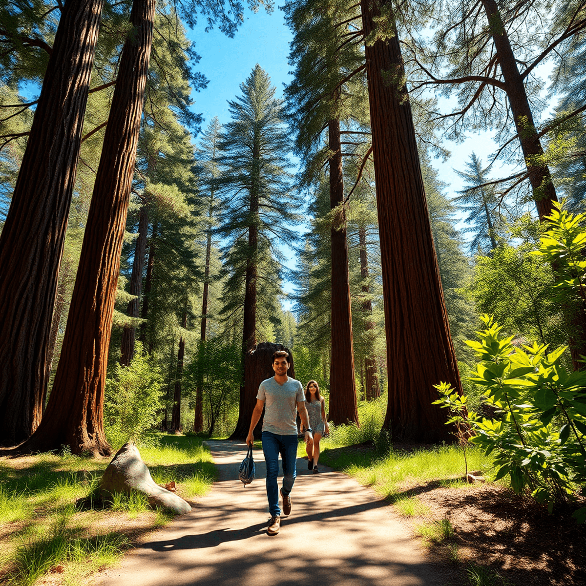 A couple walks hand-in-hand along a scenic trail in Boulder Creek, California, surrounded by towering redwood trees and sunlight filtering through ...