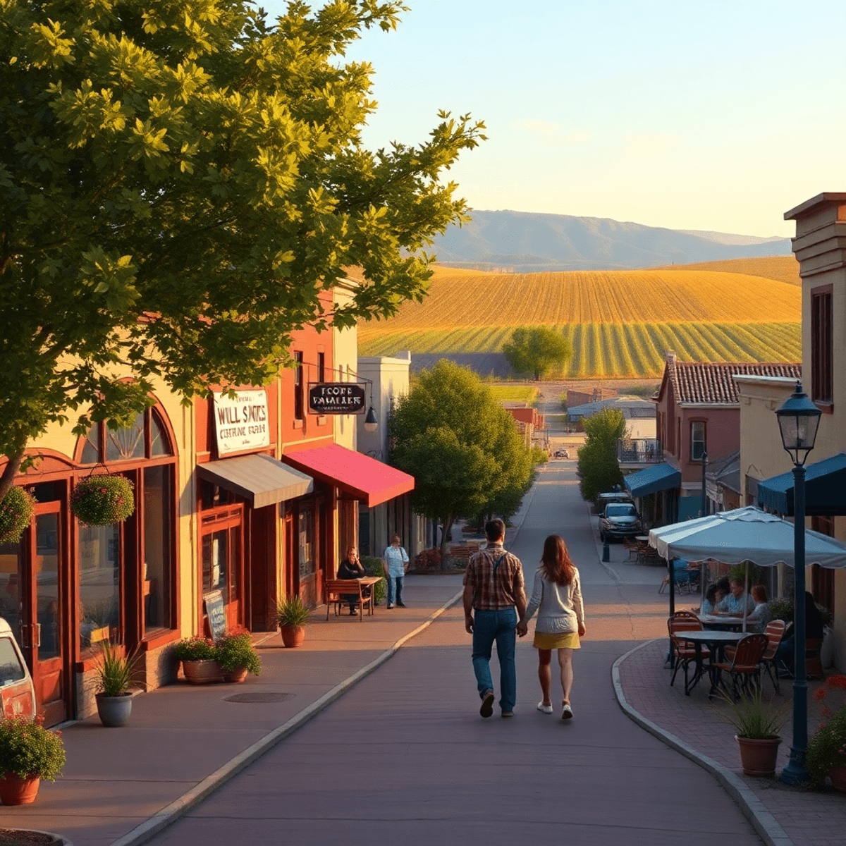 A charming small-town main street in Williams, California, lined with local shops and cafes, surrounded by lush fields, evoking a warm sense of com...
