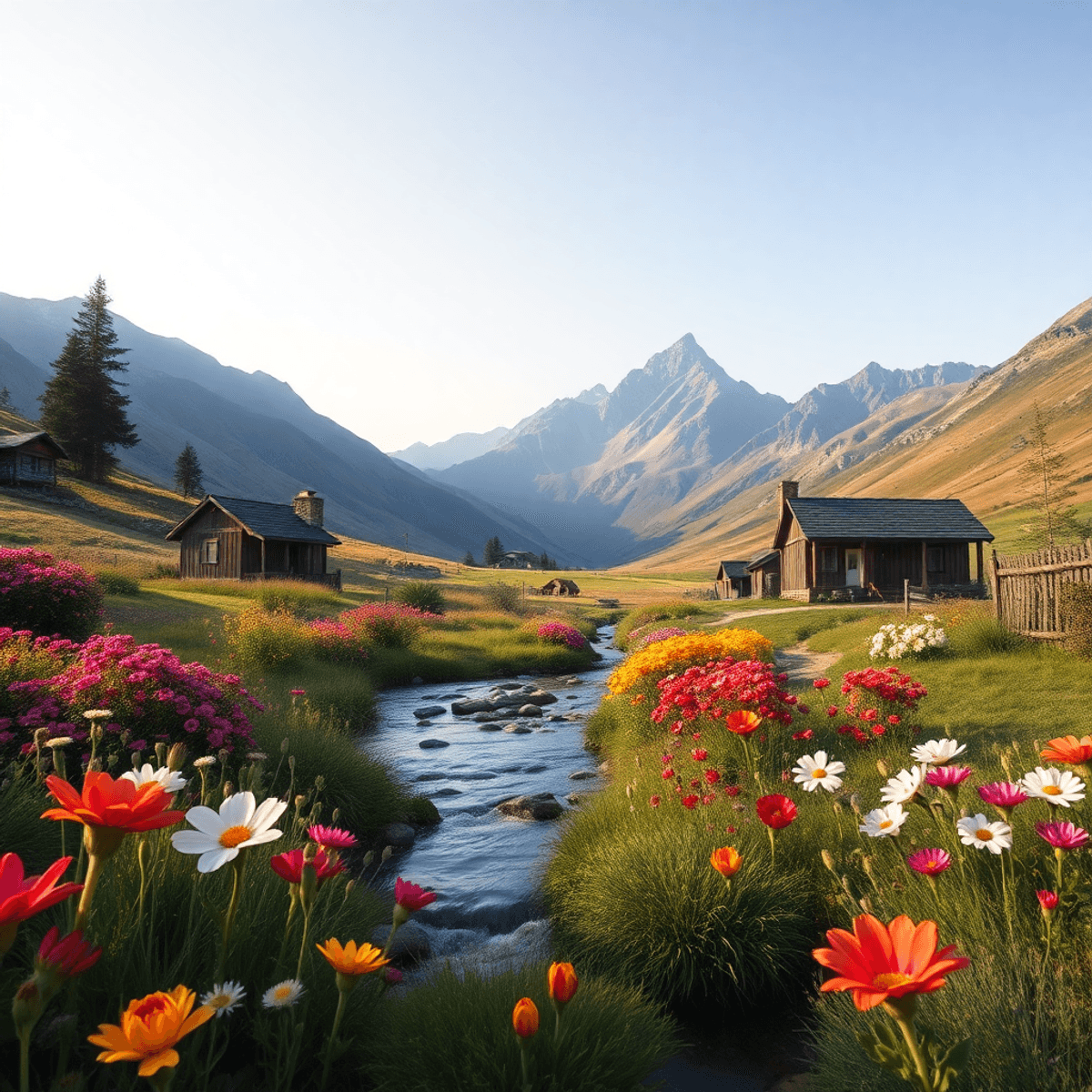A scenic mountain landscape with colorful wildflowers and clear streams, featuring cozy cabins and local events, capturing the romance of dating in...