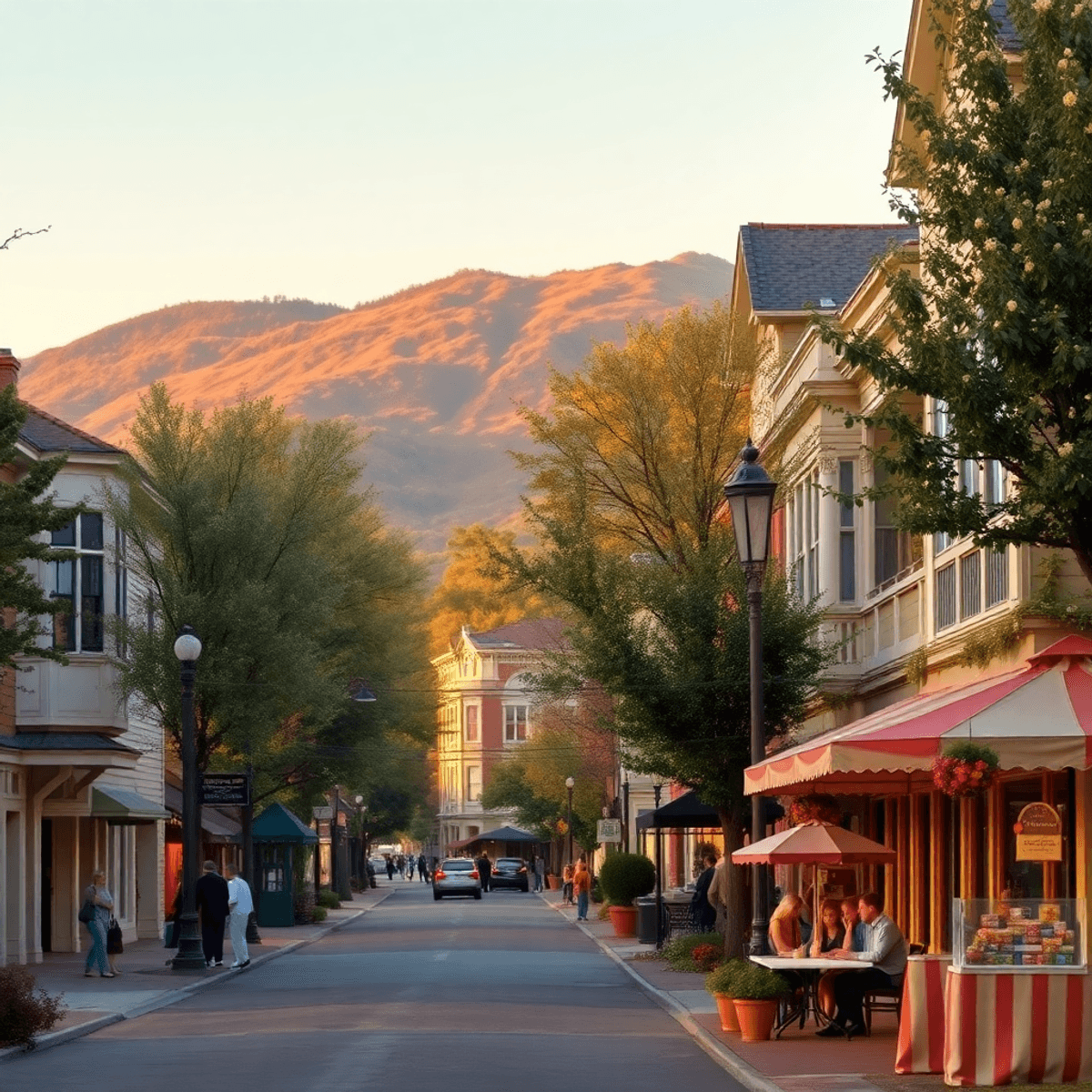 A charming street in Winters, California, showcasing historic Victorian architecture, tree-lined avenues, and a cozy café, exuding a romantic small...