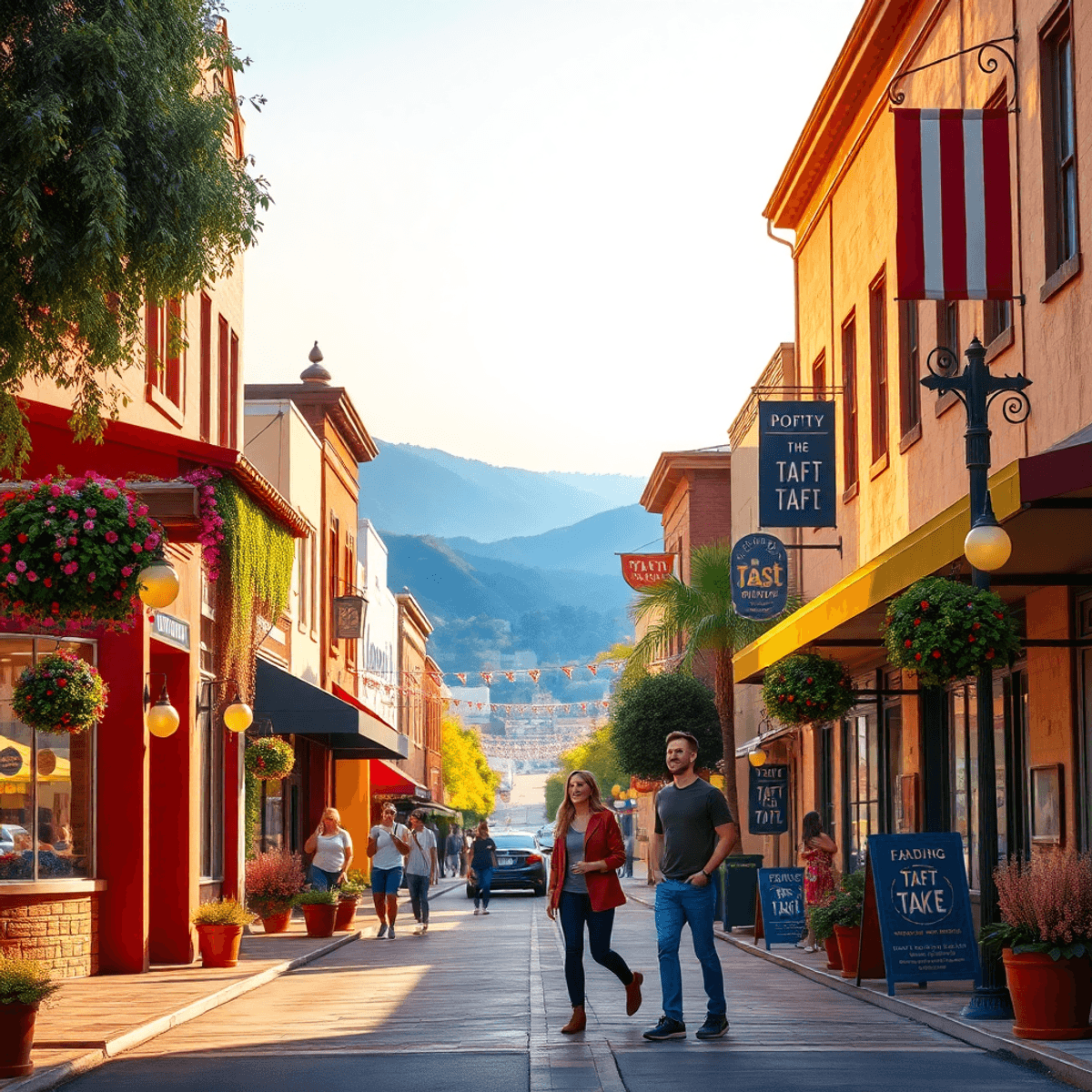 A lively street scene in Taft, California, showcasing charming architecture and a couple enjoying a local festival, embodying romance and community...