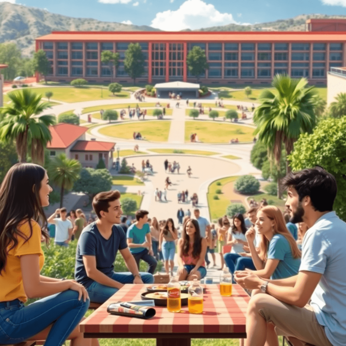 A lively college campus scene with students enjoying outdoor picnics, live music, and group gatherings amidst beautiful landscapes, capturing the v...