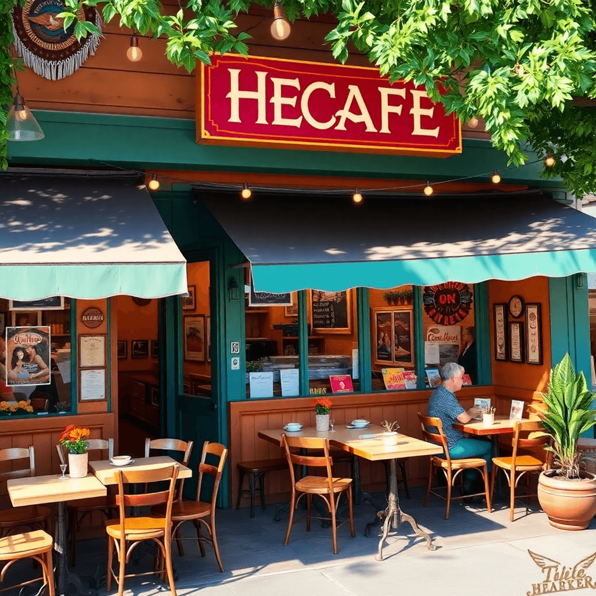 A cozy outdoor cafe in Heber, California, with tables set up, traditional decorations, and community event posters, creating a warm and inviting at...