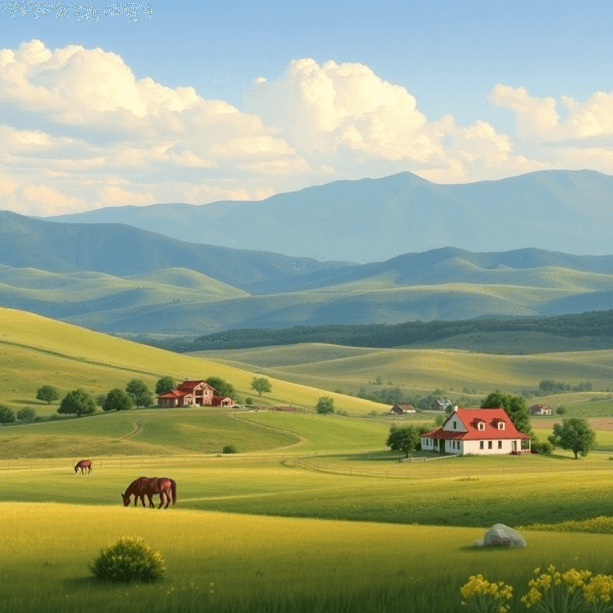 A picturesque landscape of rolling hills in Pinon Hills, California, with a cozy farmhouse, grazing horses, and lush greenery, evoking tranquility ...