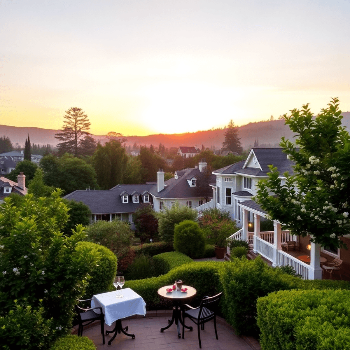 A picturesque suburban scene in Kentfield, California, featuring elegant homes, lush greenery, a cozy café for two, and a warm sunset, evoking soph...
