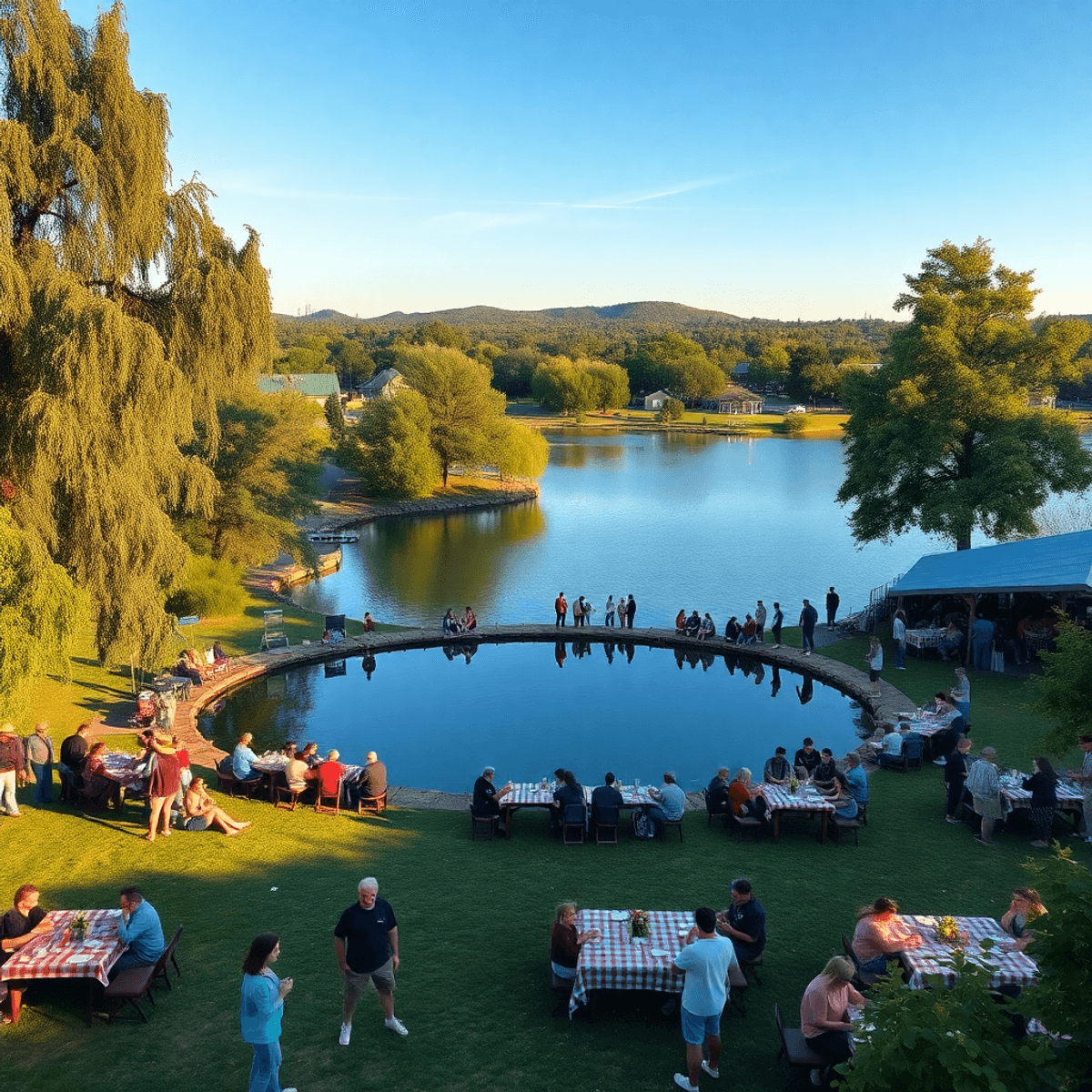 A serene lake in Oroville East, California, surrounded by lush greenery, with picnic setups and people enjoying outdoor activities, reflecting a wa...