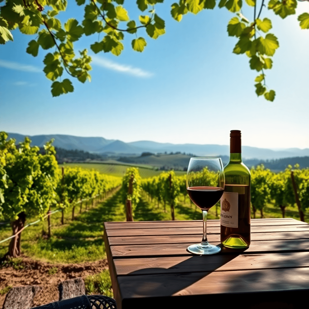 A scenic vineyard in Mira Monte, California, with green grapevines under a blue sky, featuring a cozy outdoor wine-tasting setup with elegant glass...