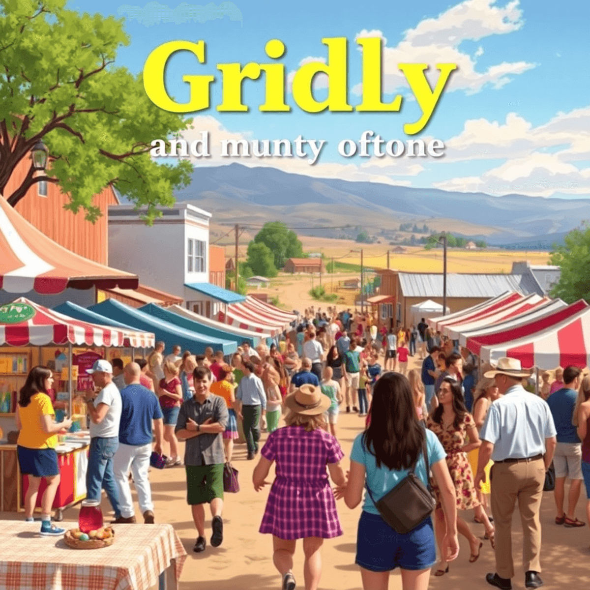 A bustling outdoor fair in a small town, with colorful stalls and people enjoying festivities amidst charming local architecture and rural landscapes.