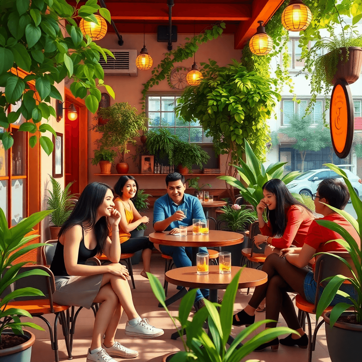 A cozy café scene in Ladera Heights with young adults engaged in conversation and laughter, surrounded by greenery and urban charm, radiating warmt...