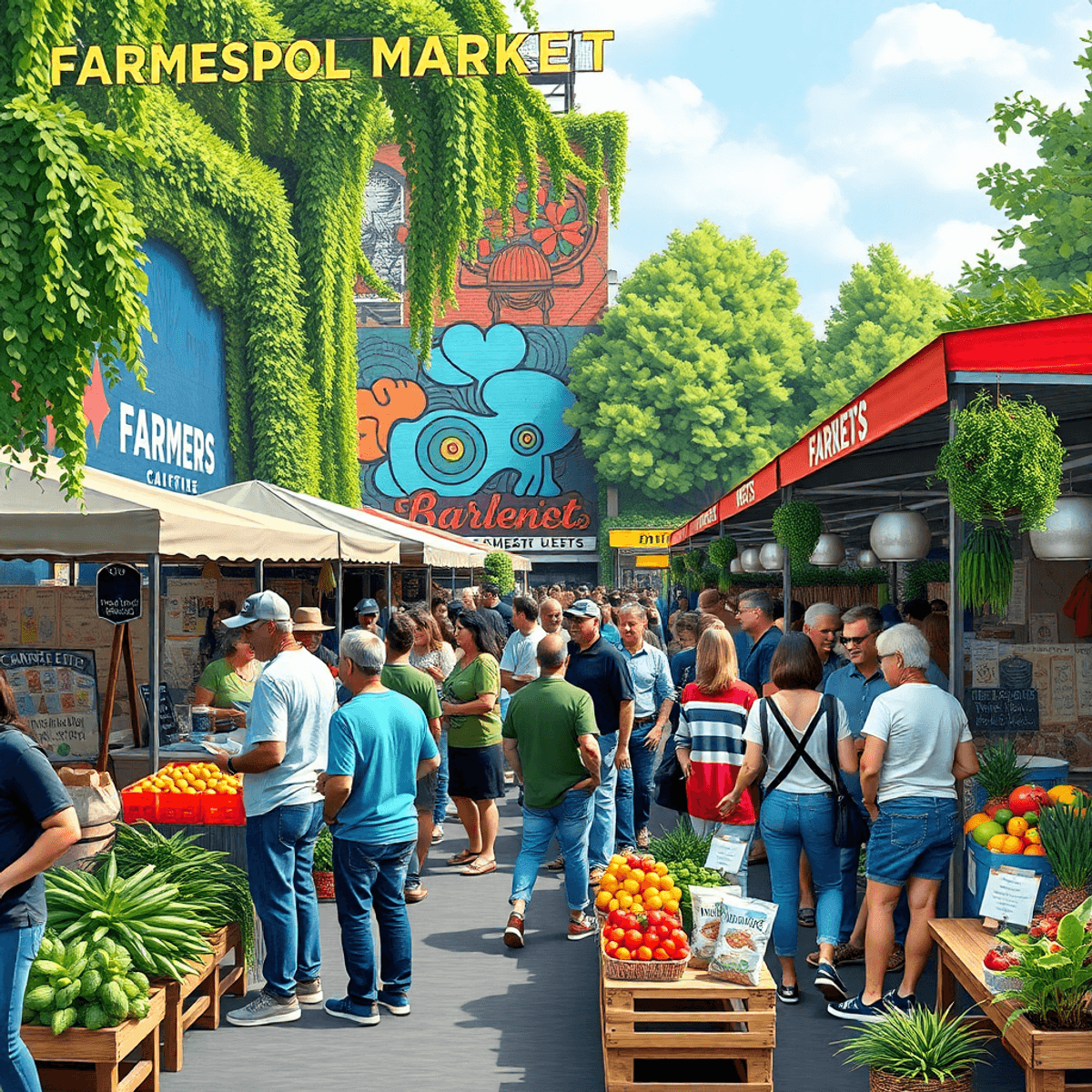 A bustling farmers' market in Sebastopol, California, with colorful stalls, people engaging, local produce, murals, and greenery, showcasing vibran...