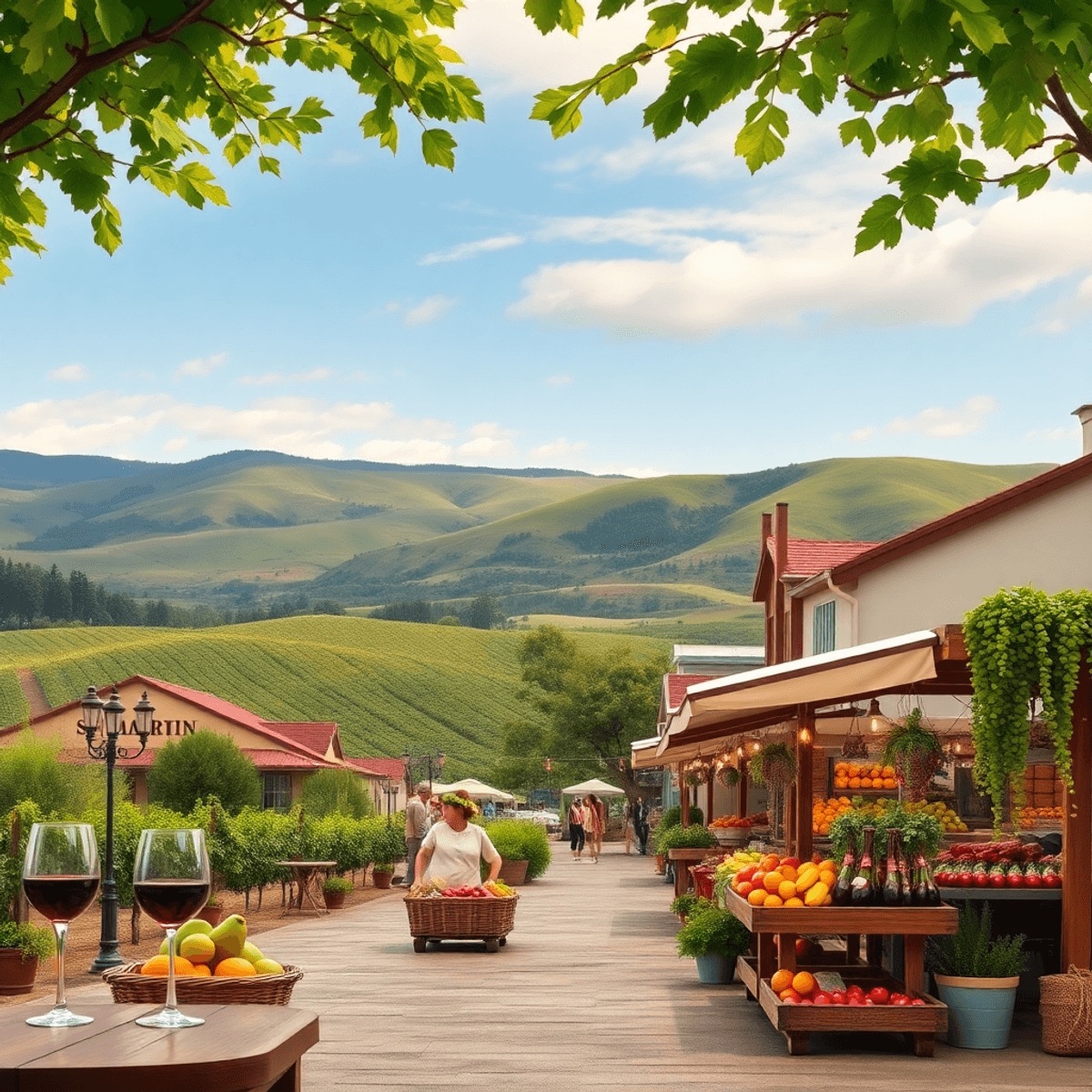 A scenic view of San Martin, California, featuring rolling hills, vineyards, and a cozy farmers market with wine glasses and fresh produce, capturi...